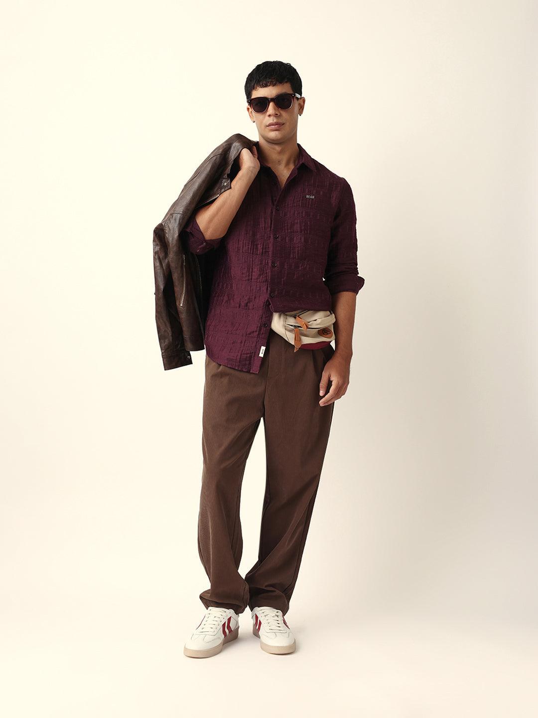 Maroon Textured Woven Self-Design Slim Fit Casual Shirt