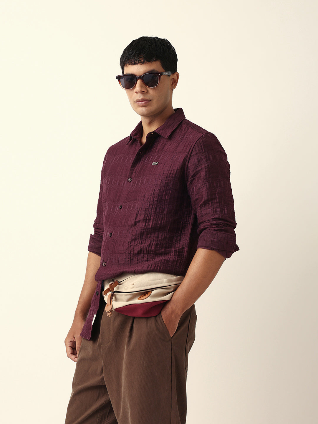 Maroon Textured Woven Self-Design Slim Fit Casual Shirt