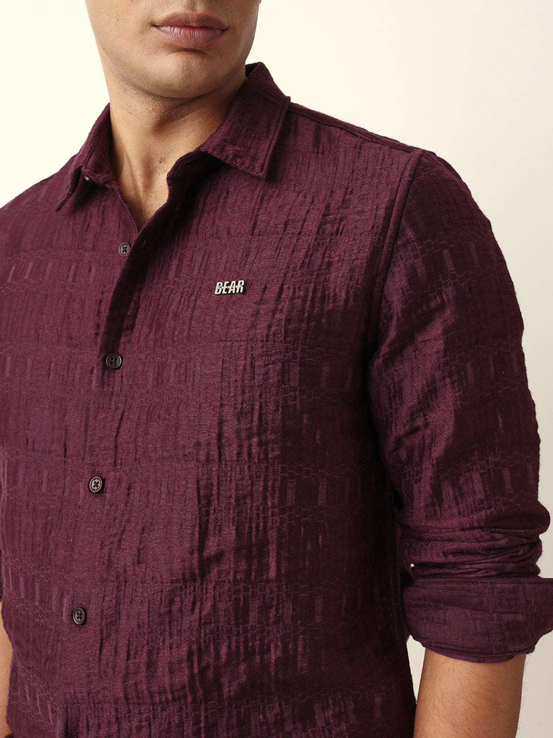 Maroon Textured Woven Self-Design Slim Fit Casual Shirt