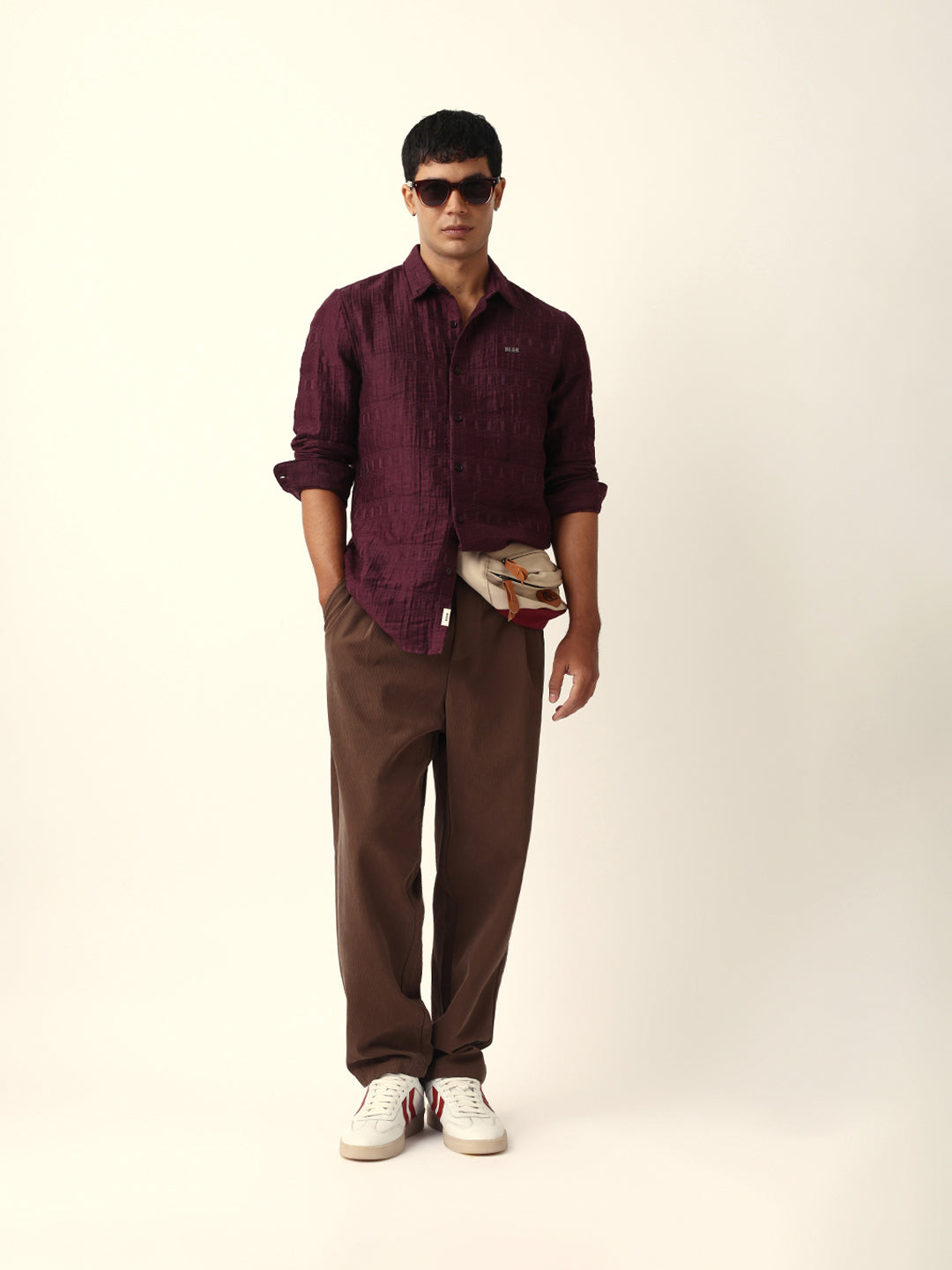 Maroon Textured Woven Self-Design Slim Fit Casual Shirt