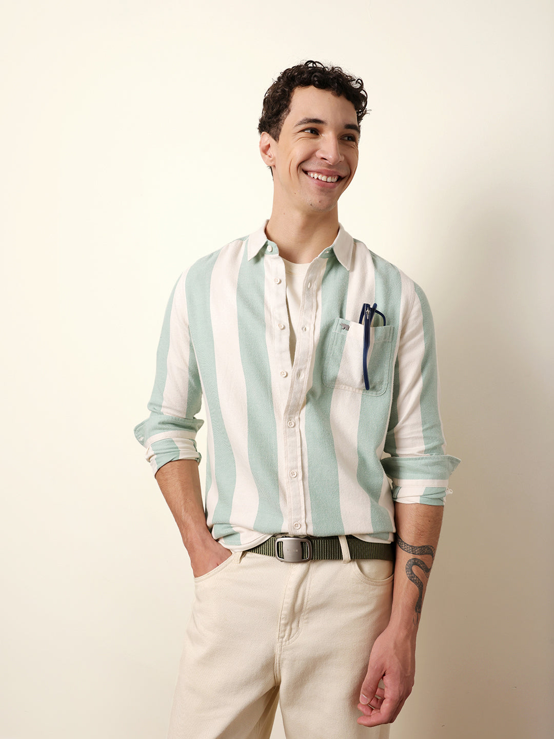Green & Cream Woven Striped Flannel Regular Fit Casual Shirt