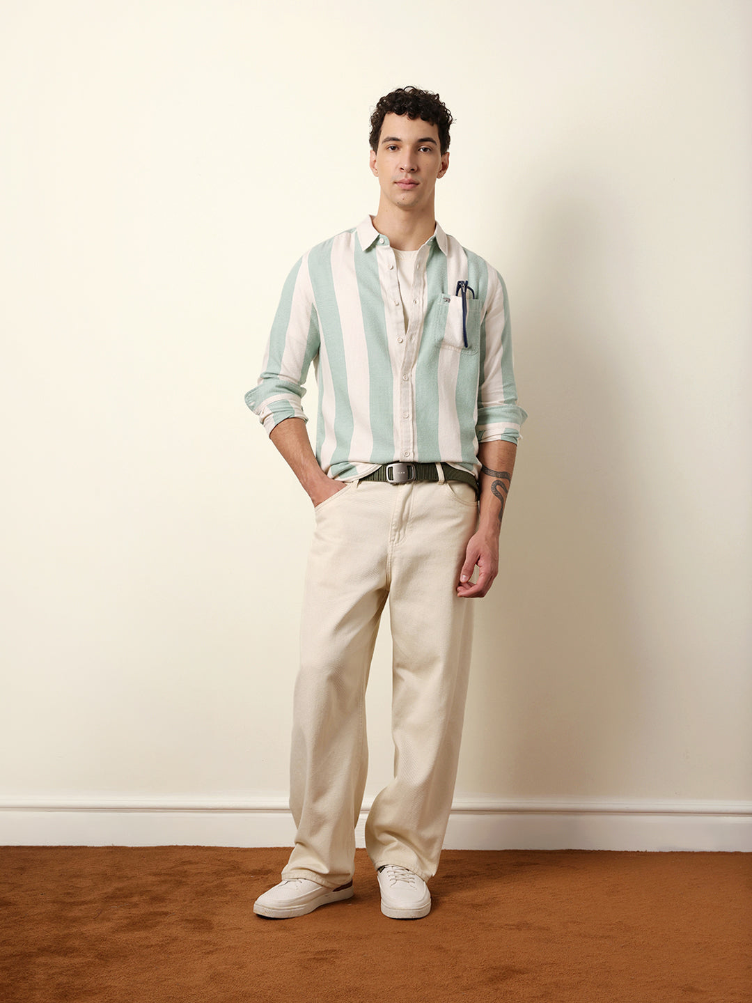Green & Cream Woven Striped Flannel Regular Fit Casual Shirt