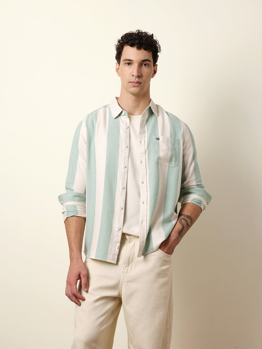 Green & Cream Woven Striped Flannel Regular Fit Casual Shirt
