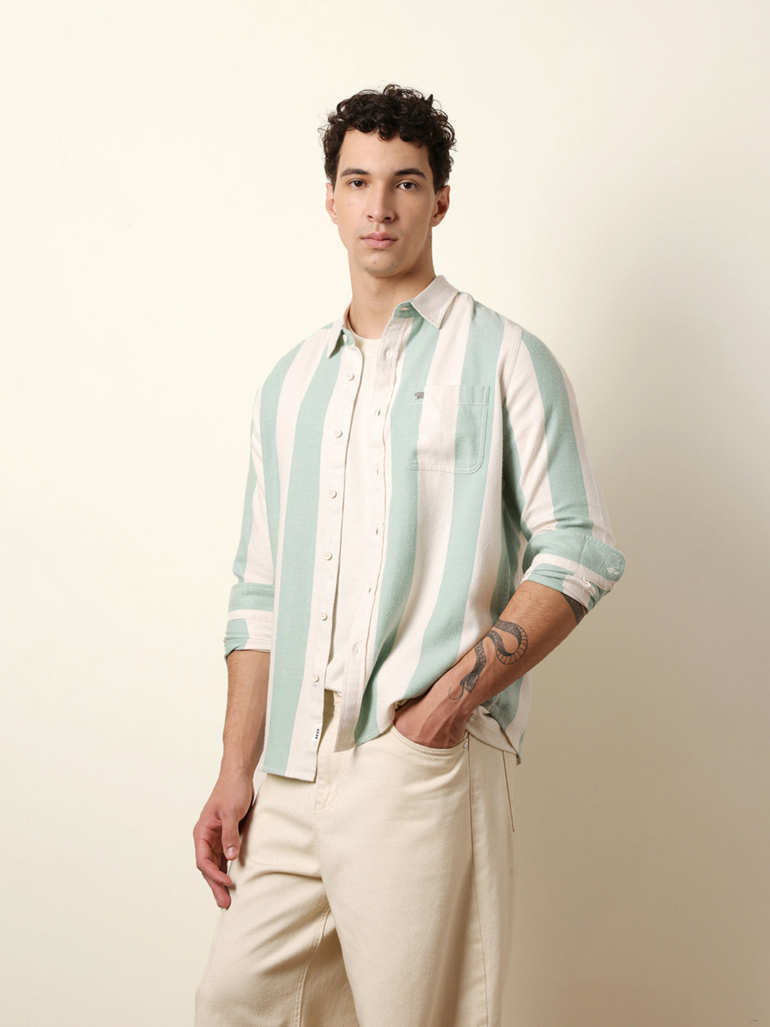 Green & Cream Woven Striped Flannel Regular Fit Casual Shirt