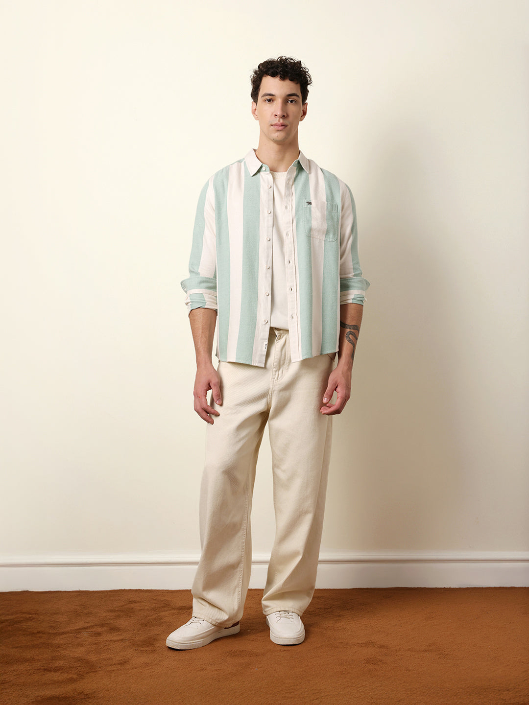 Green & Cream Woven Striped Flannel Regular Fit Casual Shirt
