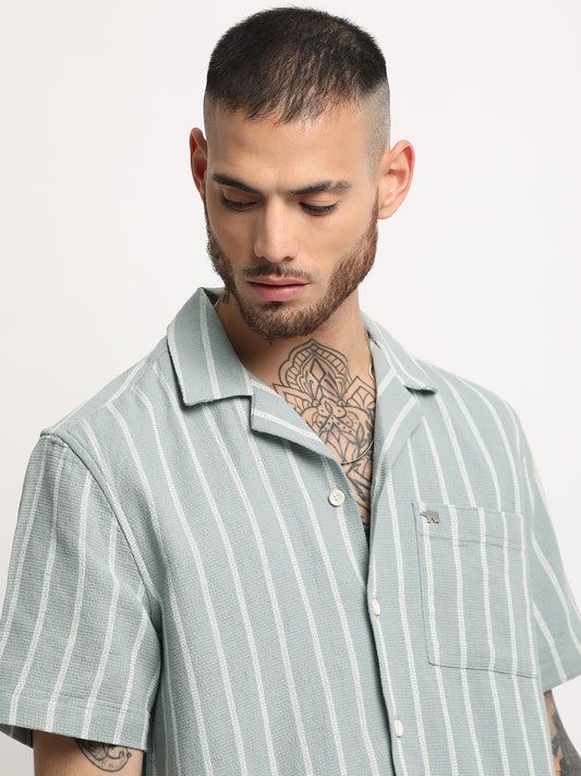 Men's Green Striped Regular Fit Casual Shirt
