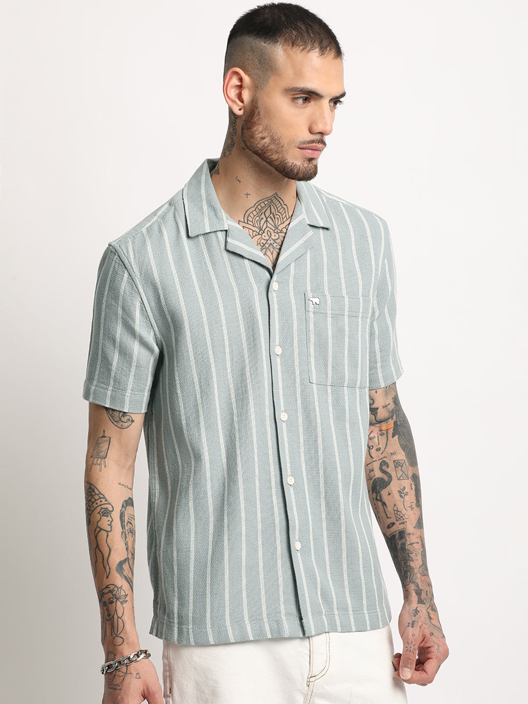Men's Green Striped Regular Fit Casual Shirt