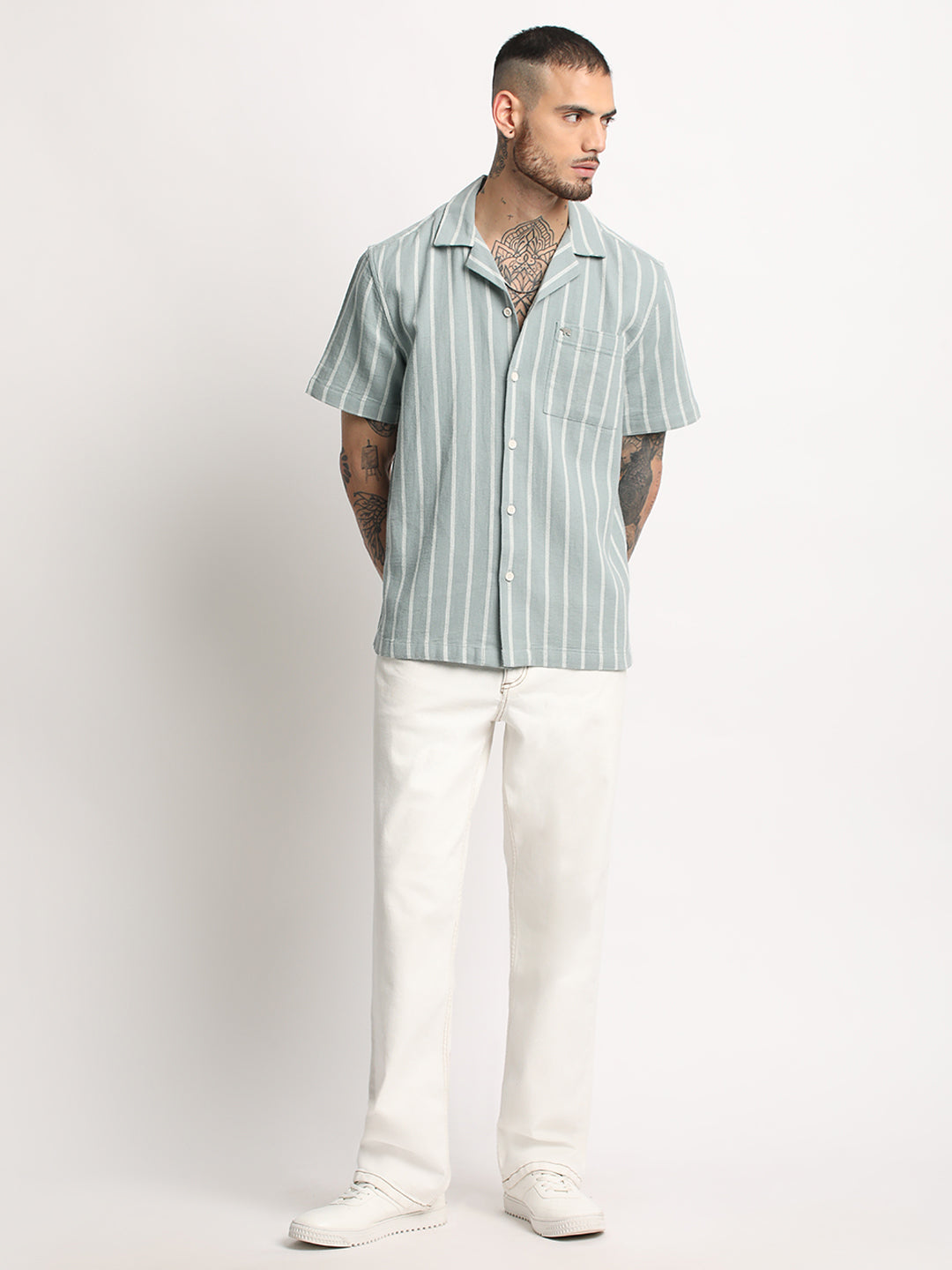 Men's Green Striped Regular Fit Casual Shirt