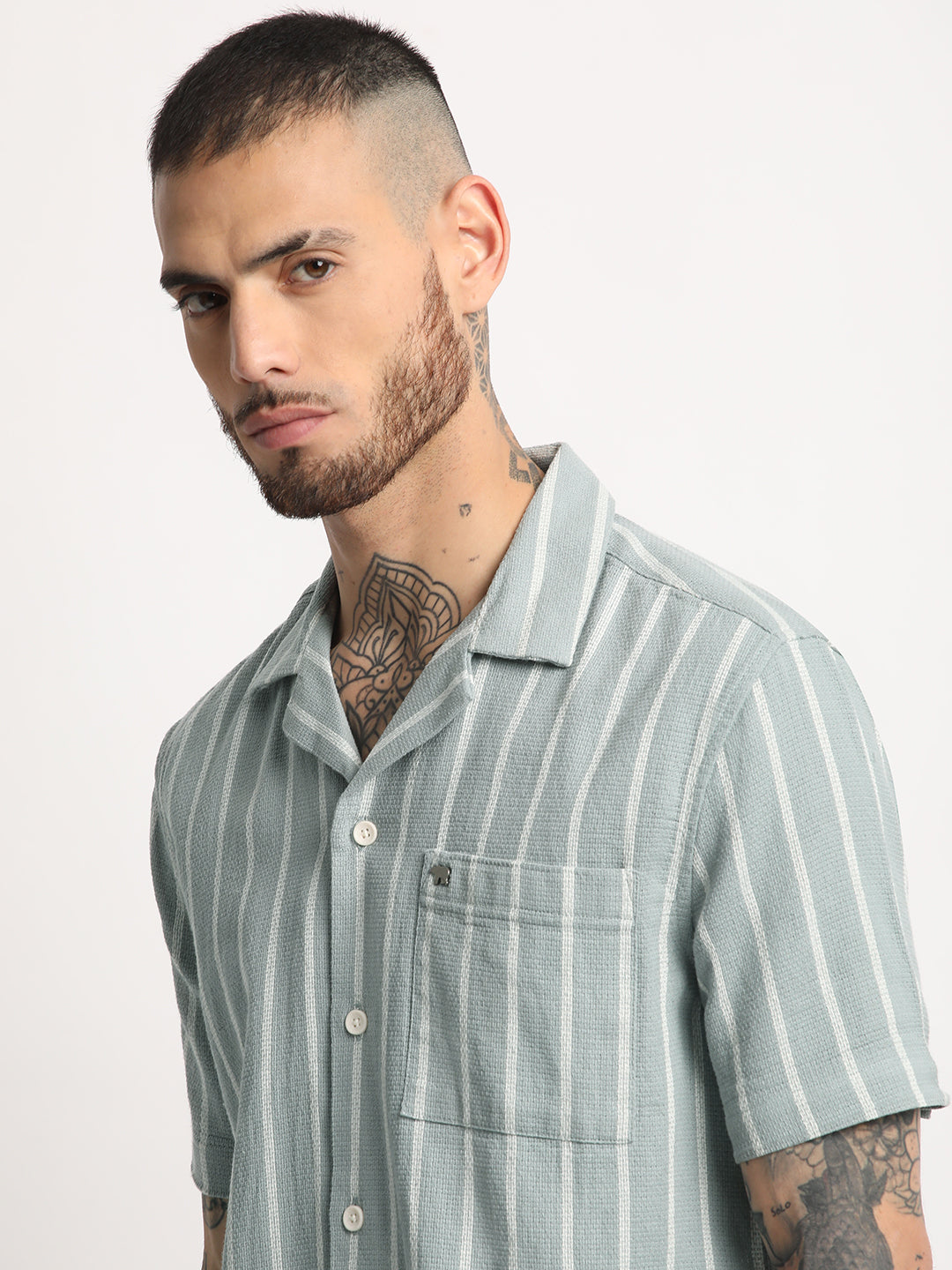 Men's Green Striped Regular Fit Casual Shirt