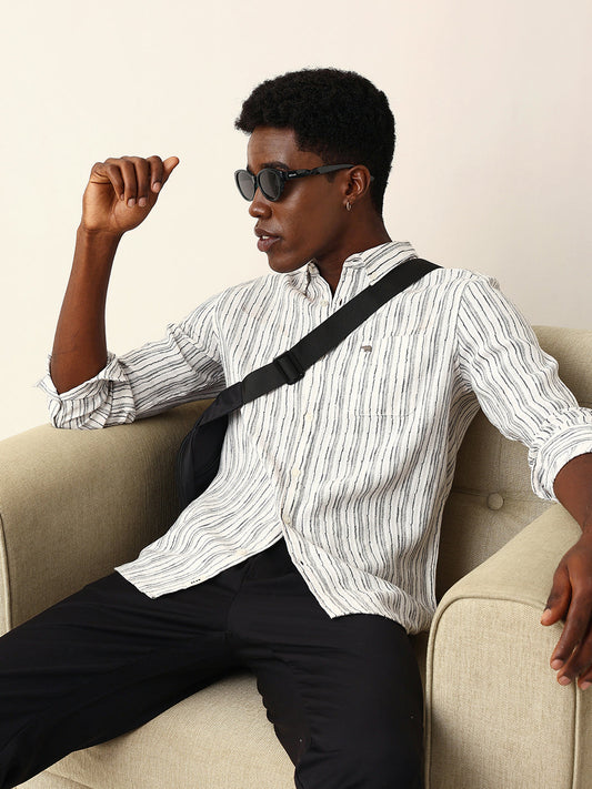 White Slim Fit Casual Shirt with Woven Vertical Textured Stripes