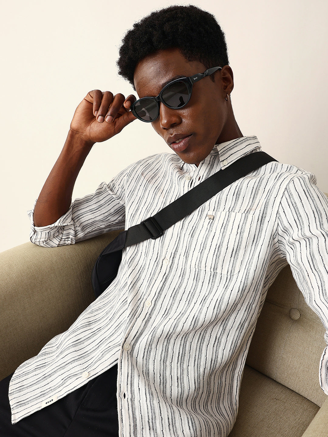 White Slim Fit Casual Shirt with Woven Vertical Textured Stripes