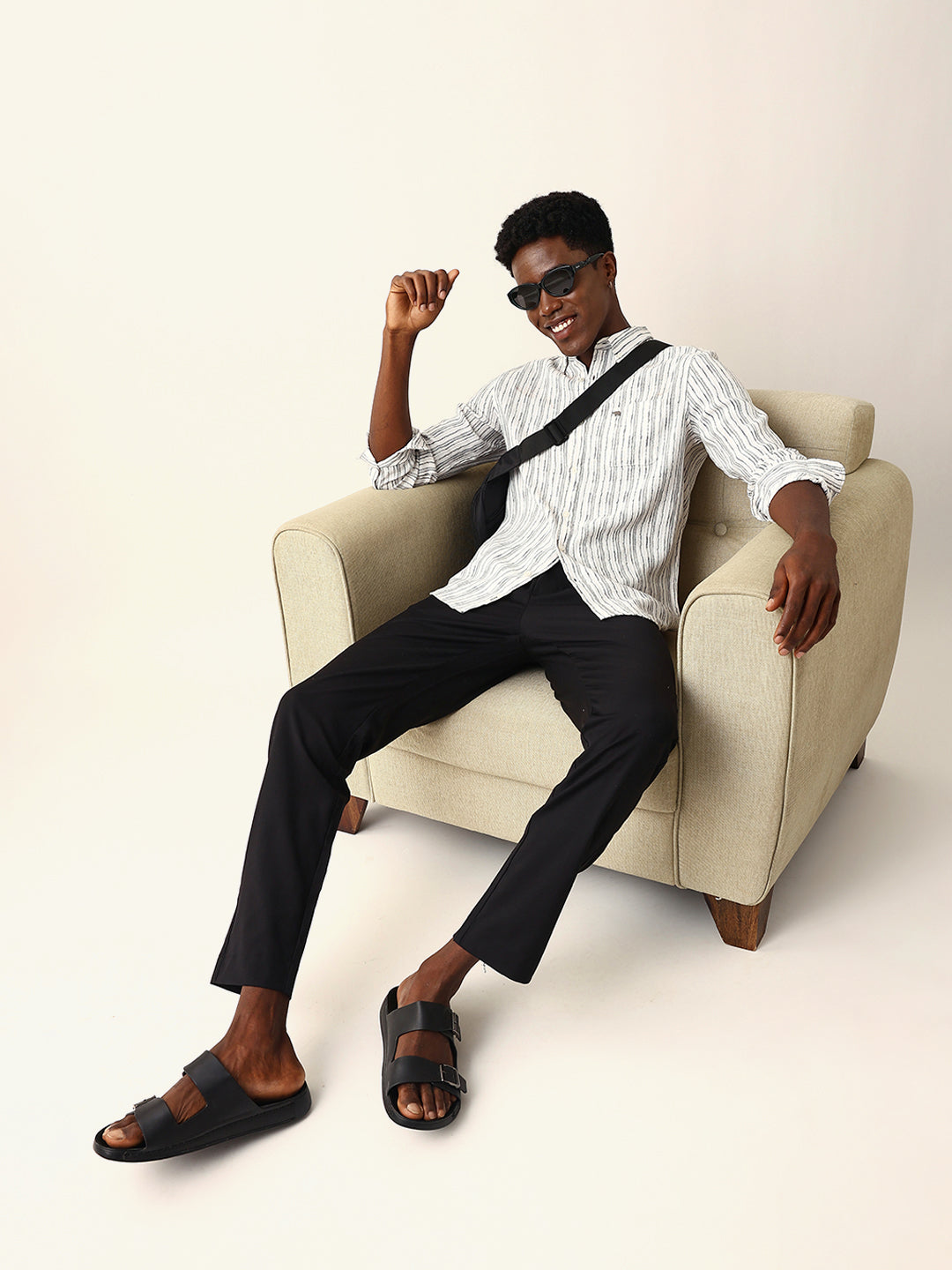 White Slim Fit Casual Shirt with Woven Vertical Textured Stripes
