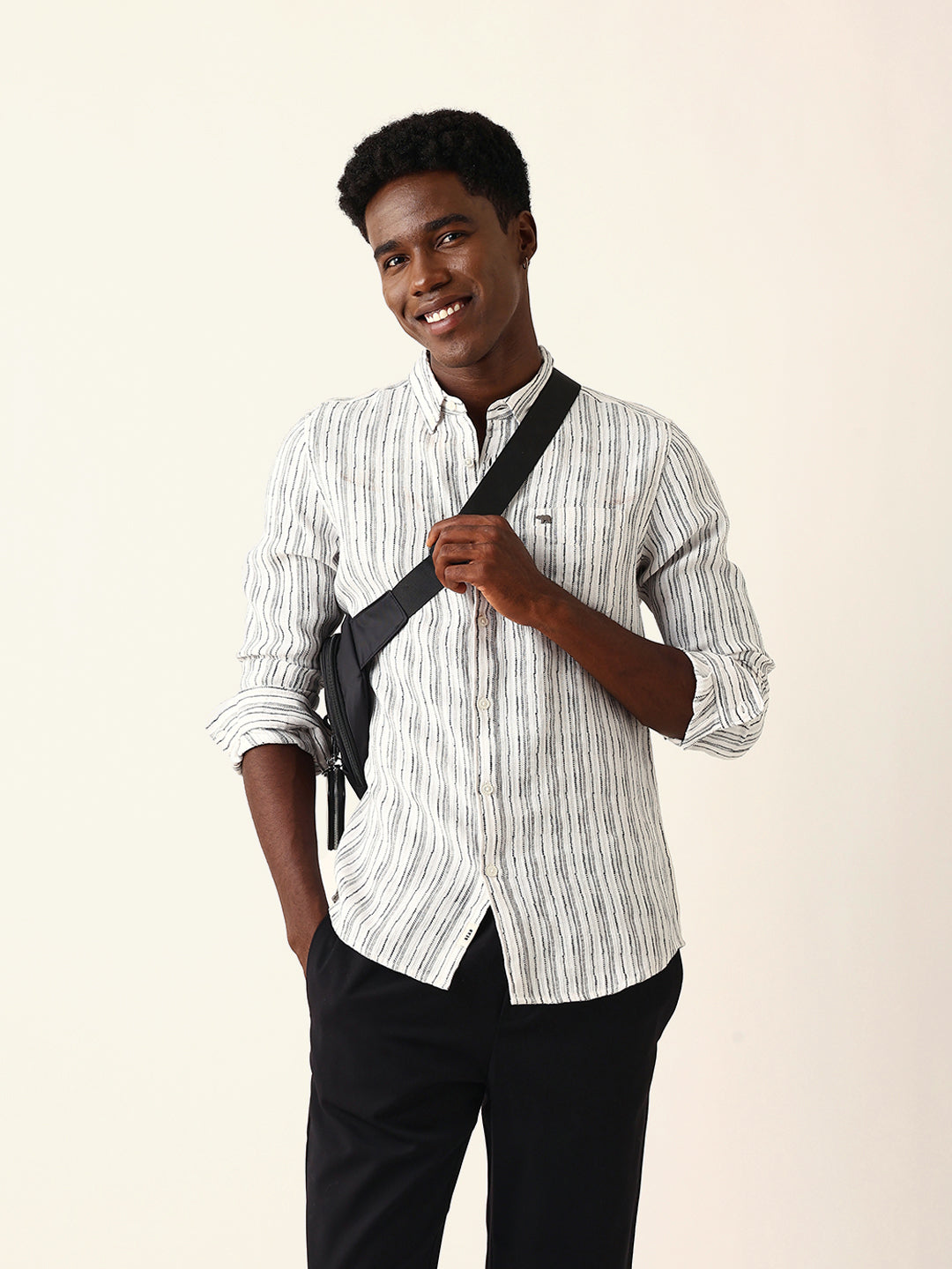 White Slim Fit Casual Shirt with Woven Vertical Textured Stripes