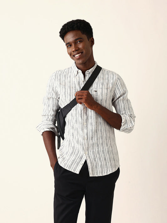 White Slim Fit Casual Shirt with Woven Vertical Textured Stripes
