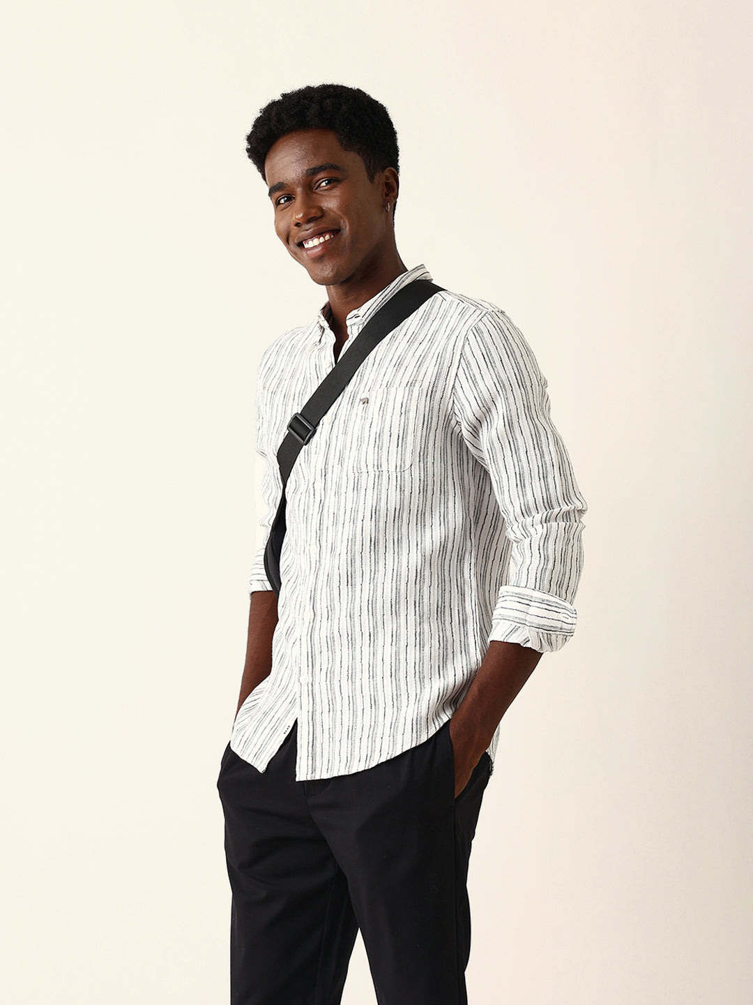 White Slim Fit Casual Shirt with Woven Vertical Textured Stripes