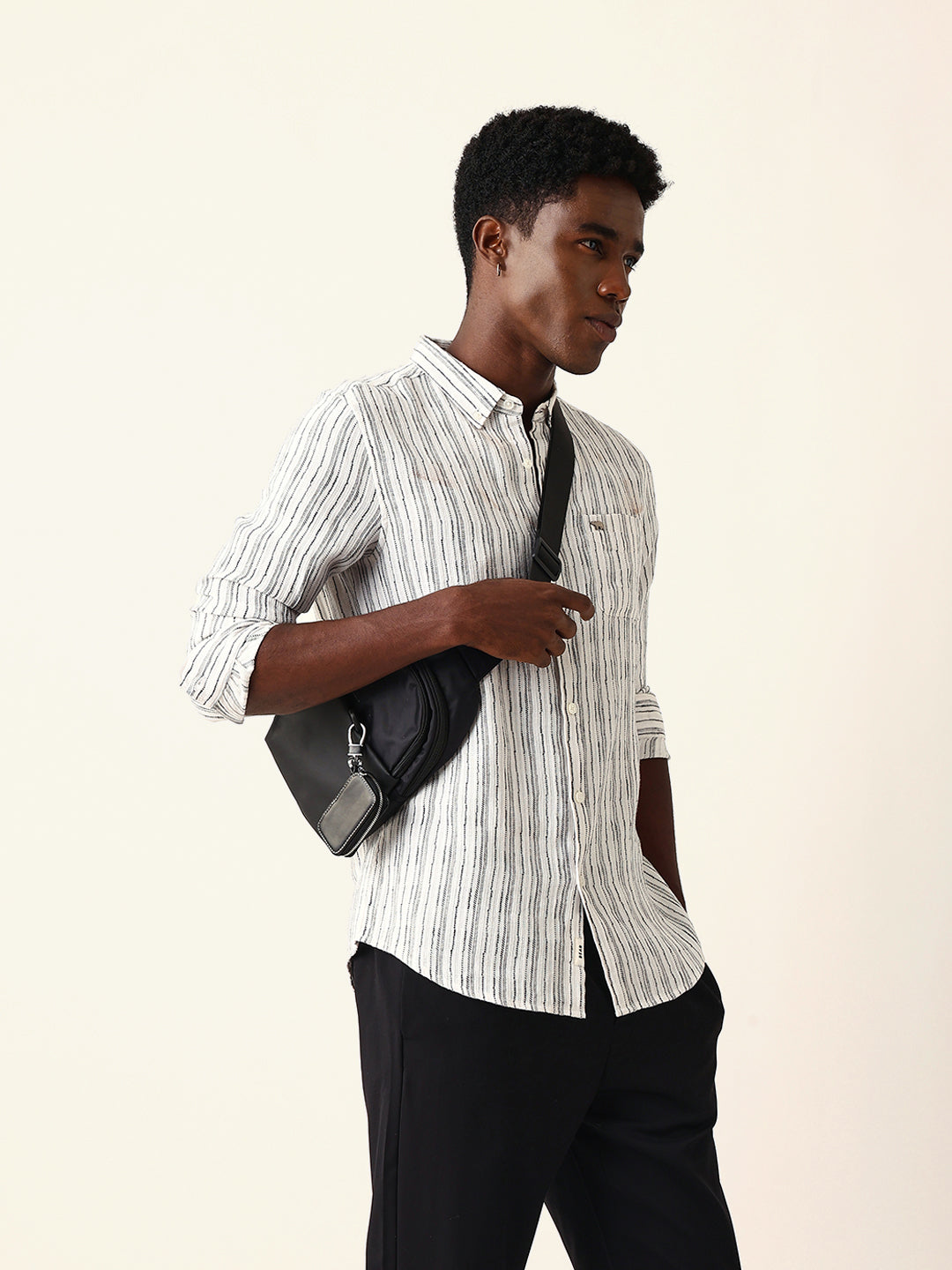 White Slim Fit Casual Shirt with Woven Vertical Textured Stripes