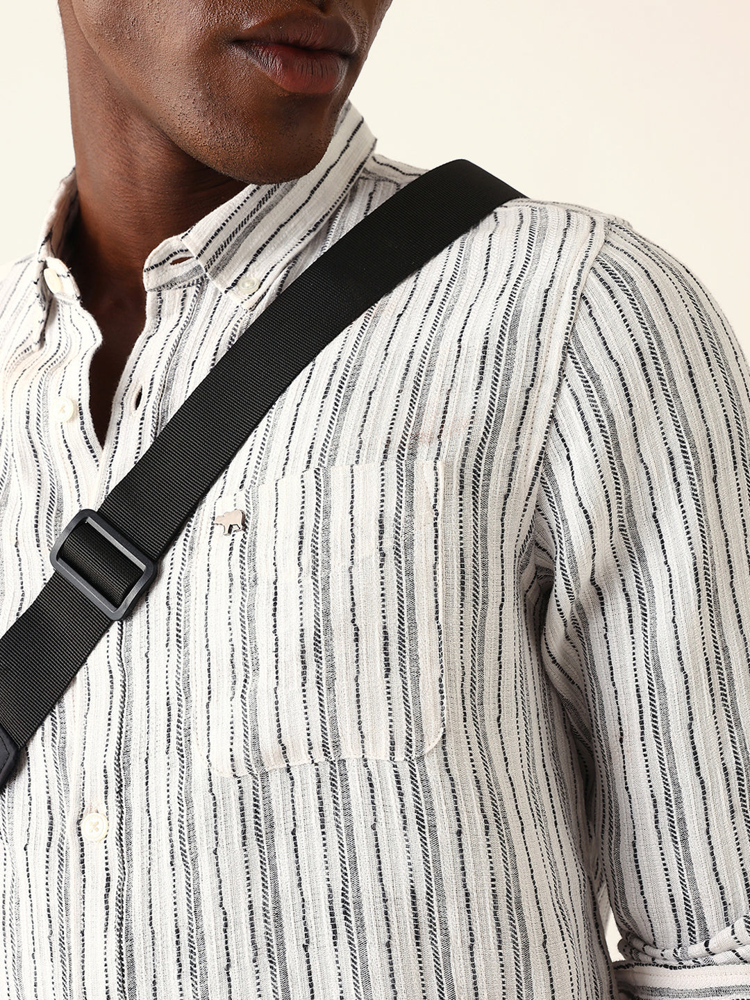 White Slim Fit Casual Shirt with Woven Vertical Textured Stripes