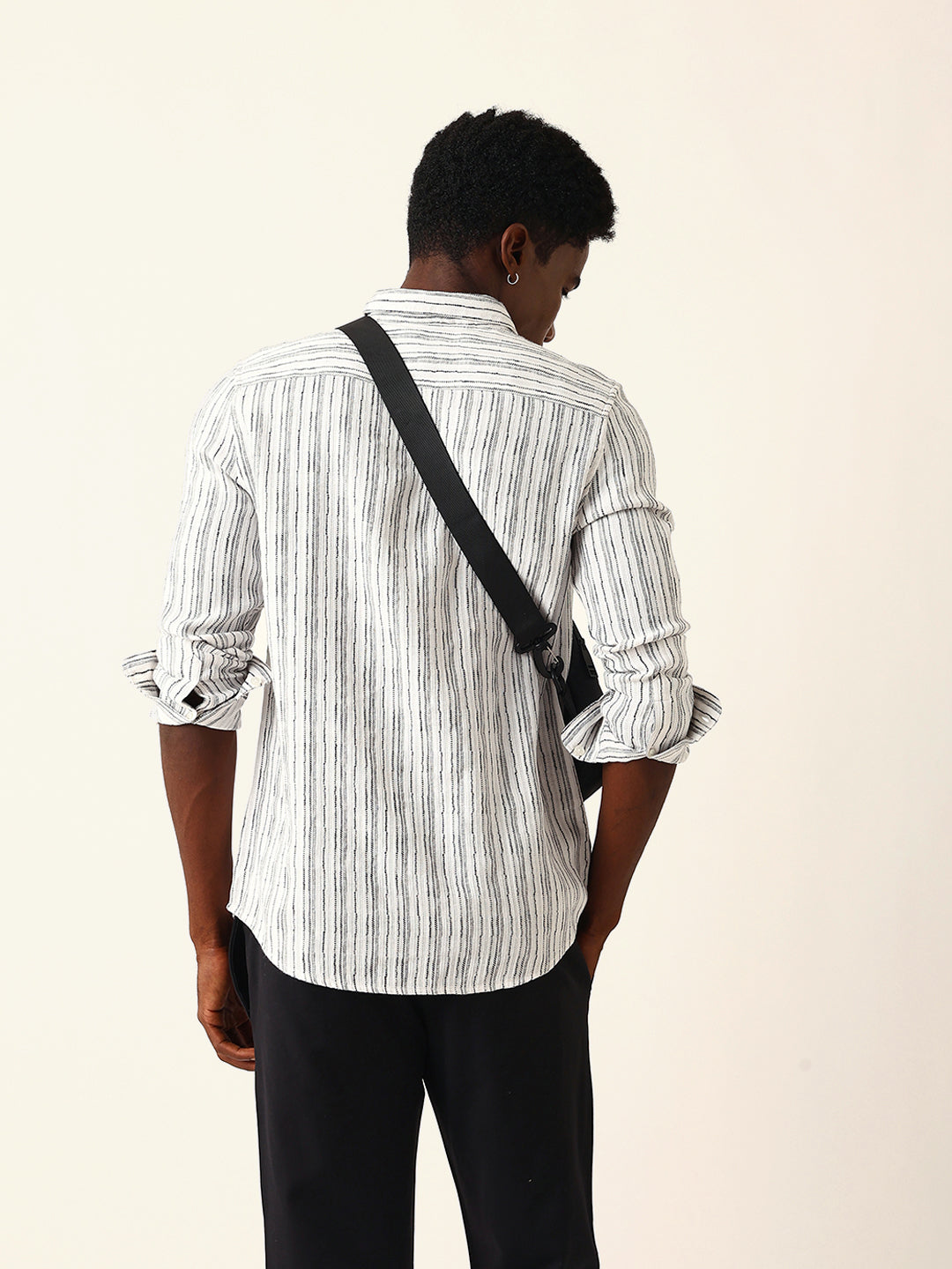 White Slim Fit Casual Shirt with Woven Vertical Textured Stripes