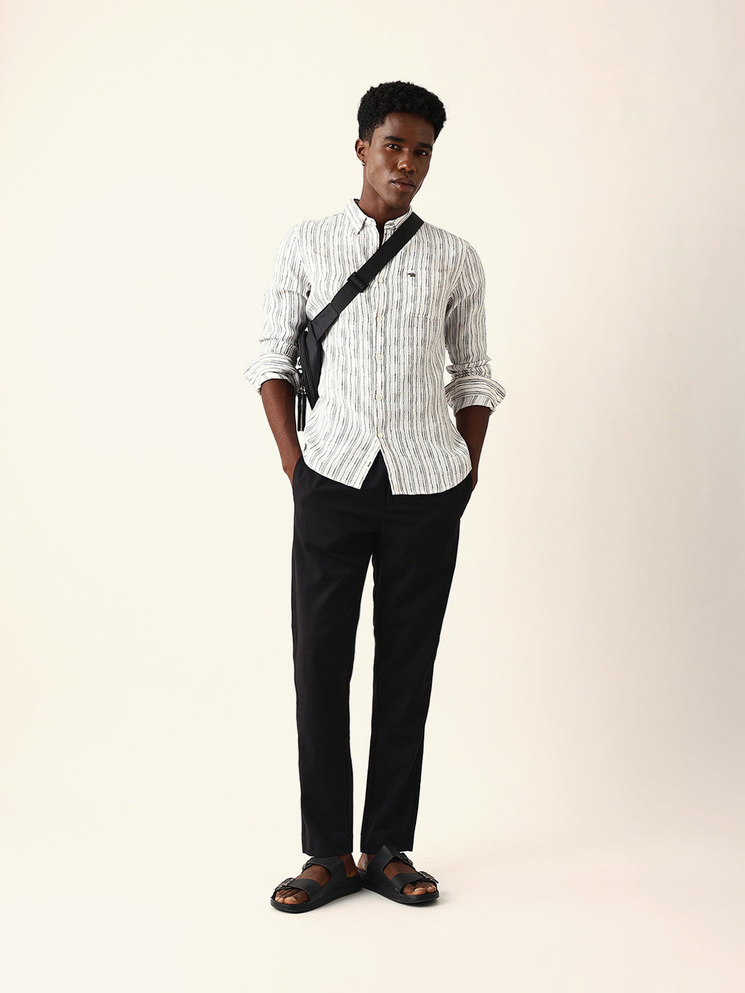 White Slim Fit Casual Shirt with Woven Vertical Textured Stripes