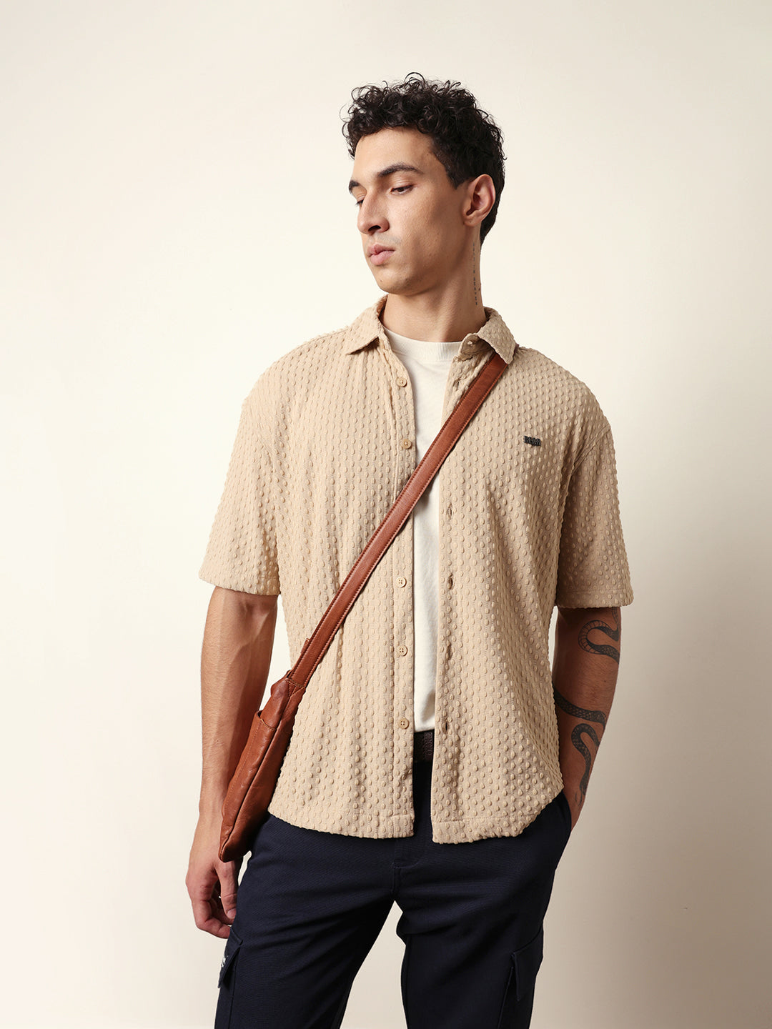 Cream Textured Woven Oversized Fit Half Sleeve Casual Shirt
