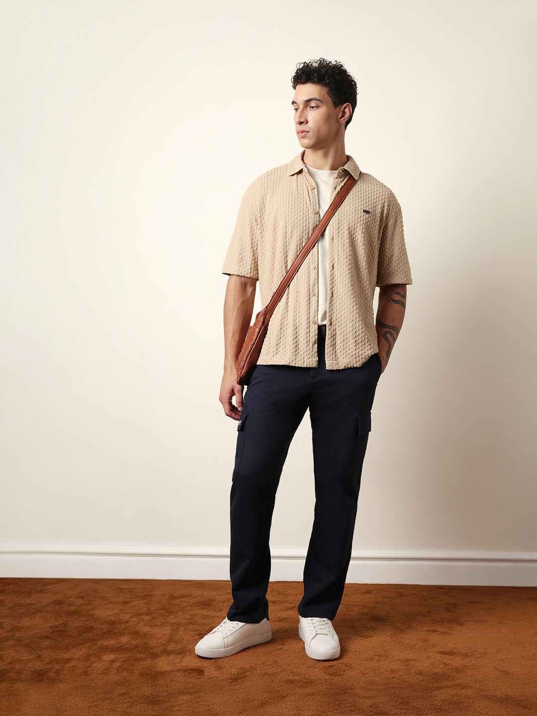 Cream Textured Woven Oversized Fit Half Sleeve Casual Shirt