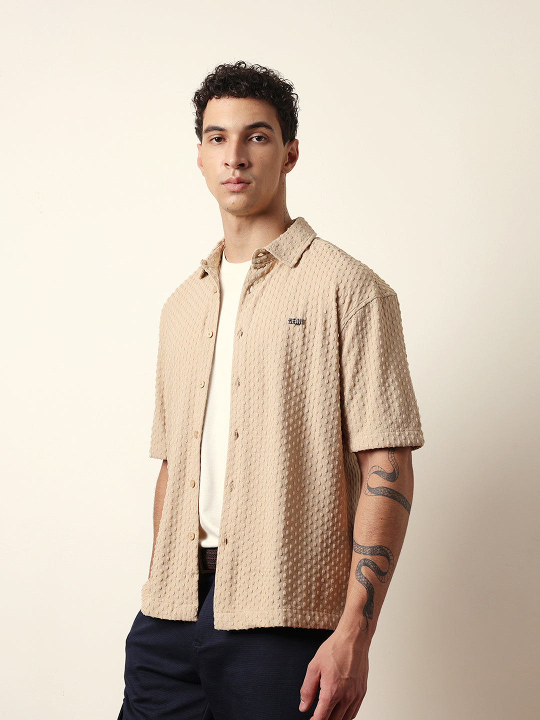 Cream Textured Woven Oversized Fit Half Sleeve Casual Shirt