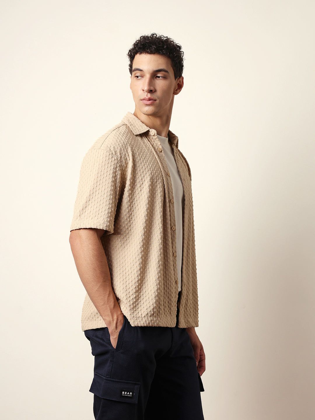 Cream Textured Woven Oversized Fit Half Sleeve Casual Shirt