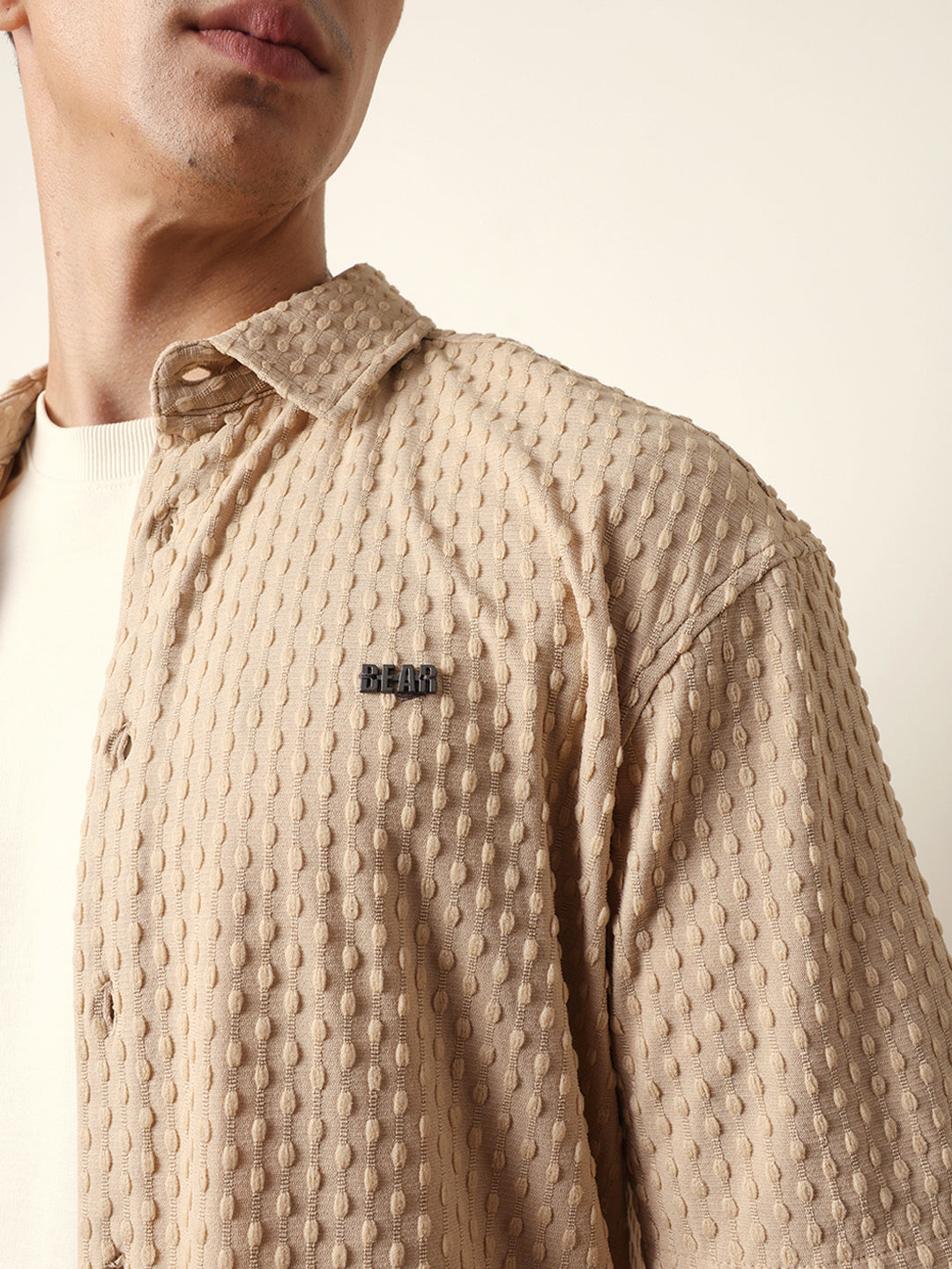 Cream Textured Woven Oversized Fit Half Sleeve Casual Shirt