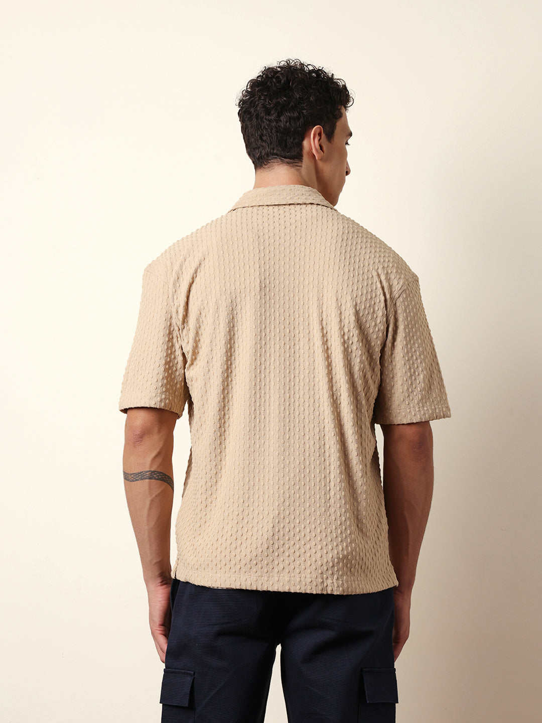 Cream Textured Woven Oversized Fit Half Sleeve Casual Shirt
