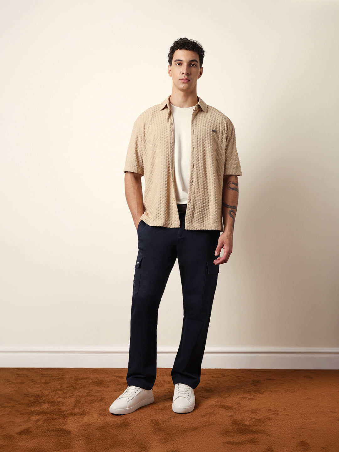 Cream Textured Woven Oversized Fit Half Sleeve Casual Shirt