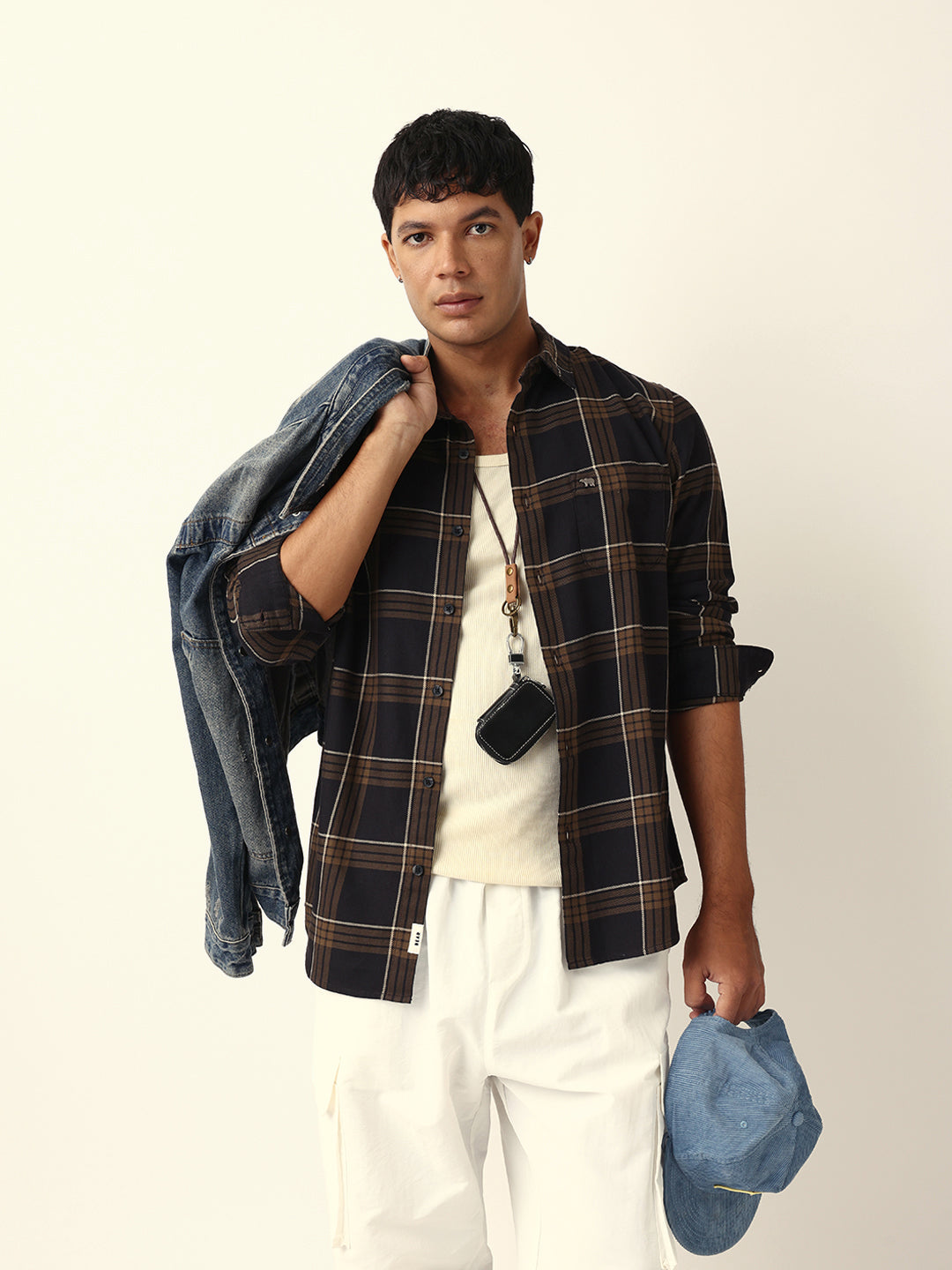 Brown Woven Tartan Checked Slim Fit Casual Shirt