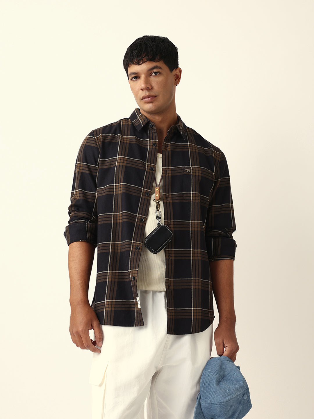 Brown Woven Tartan Checked Slim Fit Casual Shirt