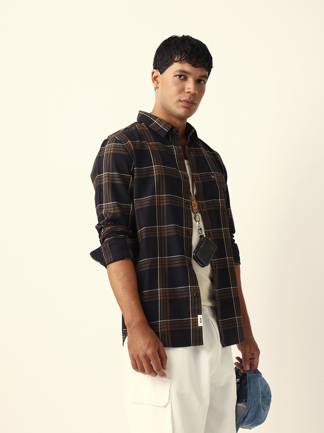 Brown Woven Tartan Checked Slim Fit Casual Shirt