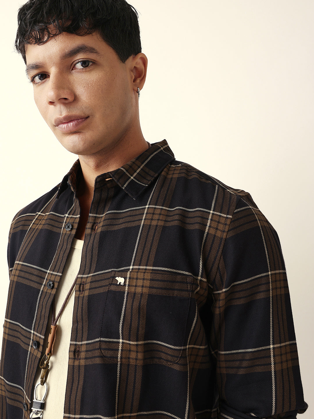 Brown Woven Tartan Checked Slim Fit Casual Shirt