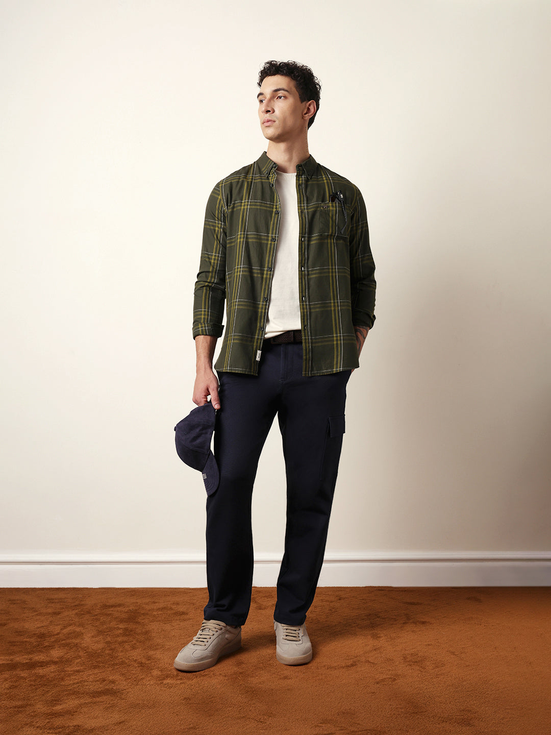 Olive Woven Tartan Checked Slim Fit Casual Shirt