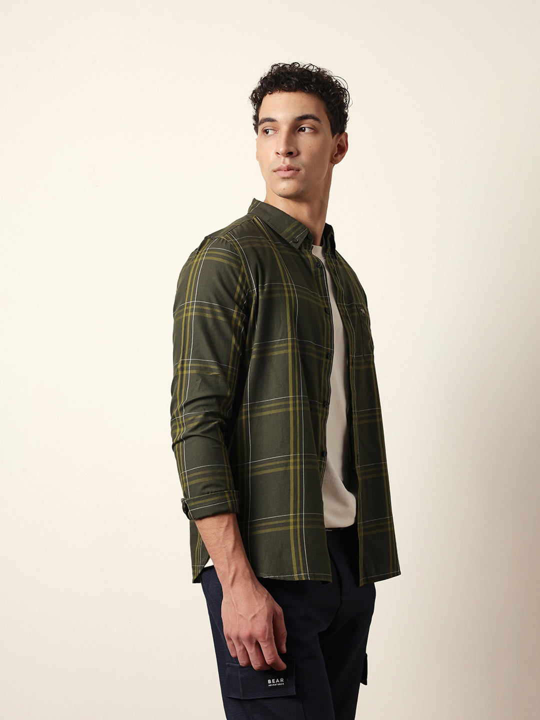 Olive Woven Tartan Checked Slim Fit Casual Shirt