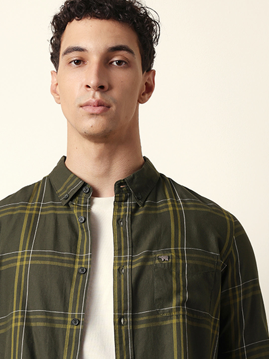 Olive Woven Tartan Checked Slim Fit Casual Shirt