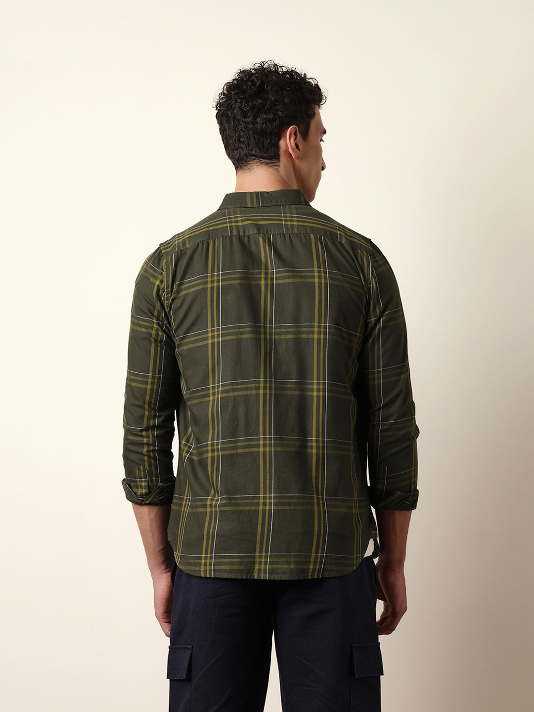 Olive Woven Tartan Checked Slim Fit Casual Shirt