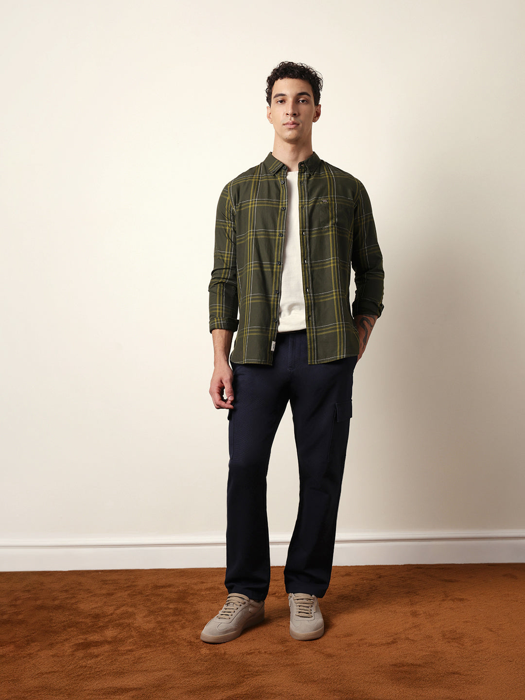 Olive Woven Tartan Checked Slim Fit Casual Shirt