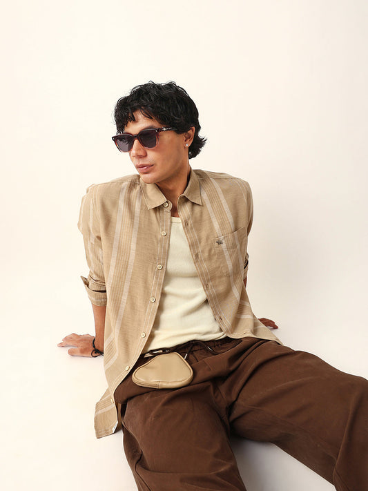 Beige Woven Vertical Striped Slim Fit Casual Shirt