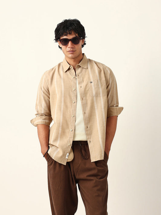 Beige Woven Vertical Striped Slim Fit Casual Shirt