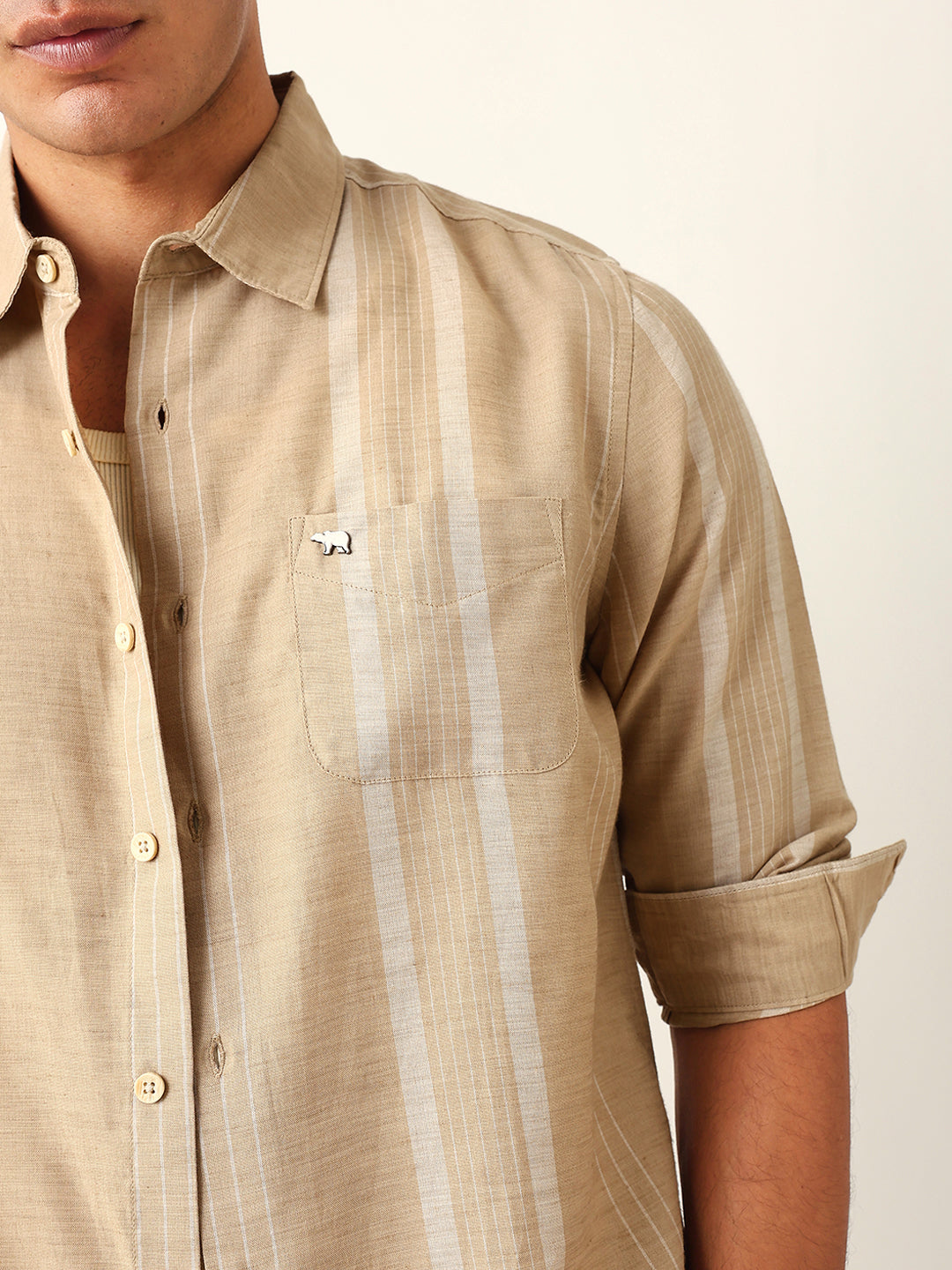 Beige Woven Vertical Striped Slim Fit Casual Shirt