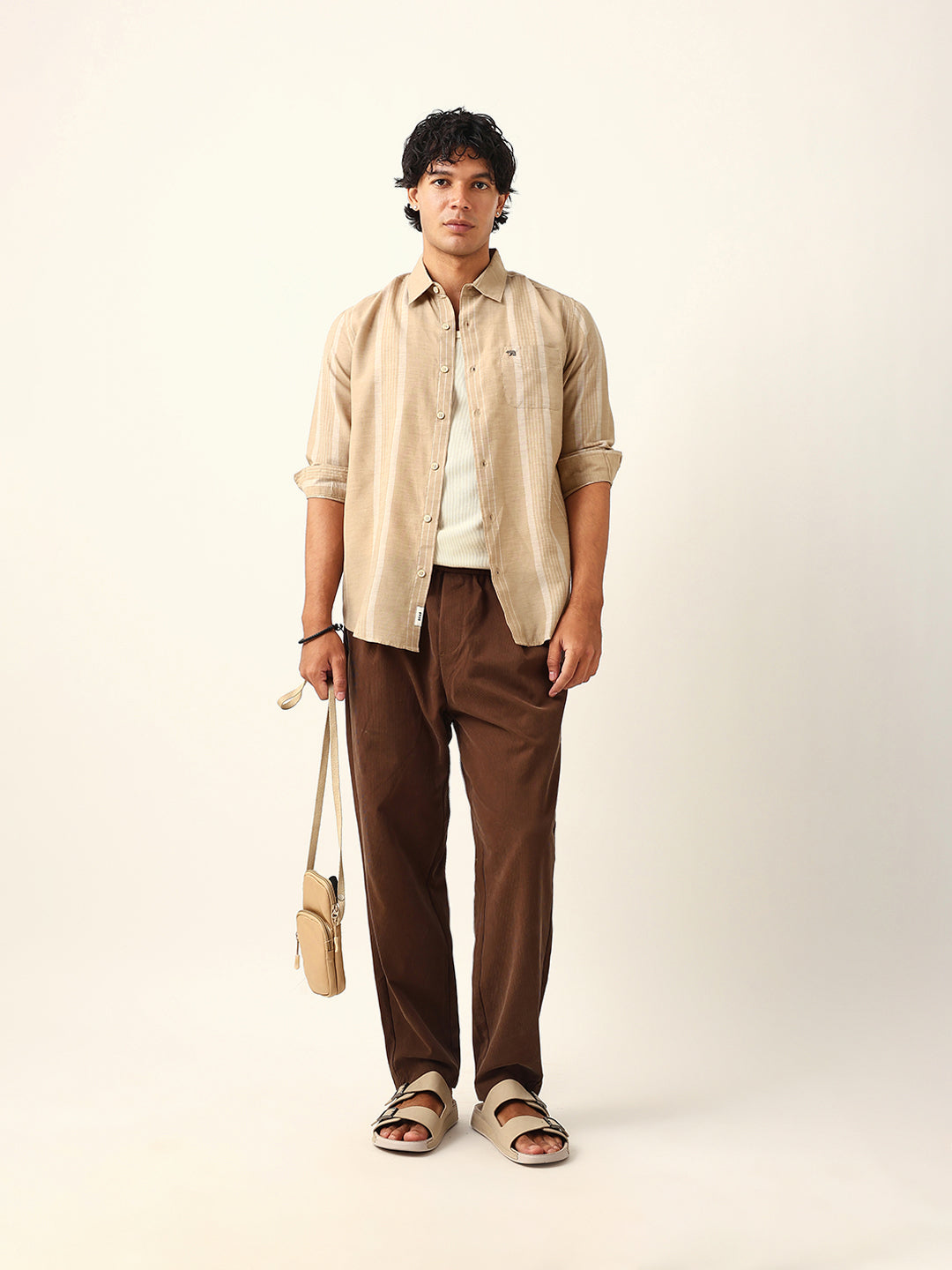 Beige Woven Vertical Striped Slim Fit Casual Shirt