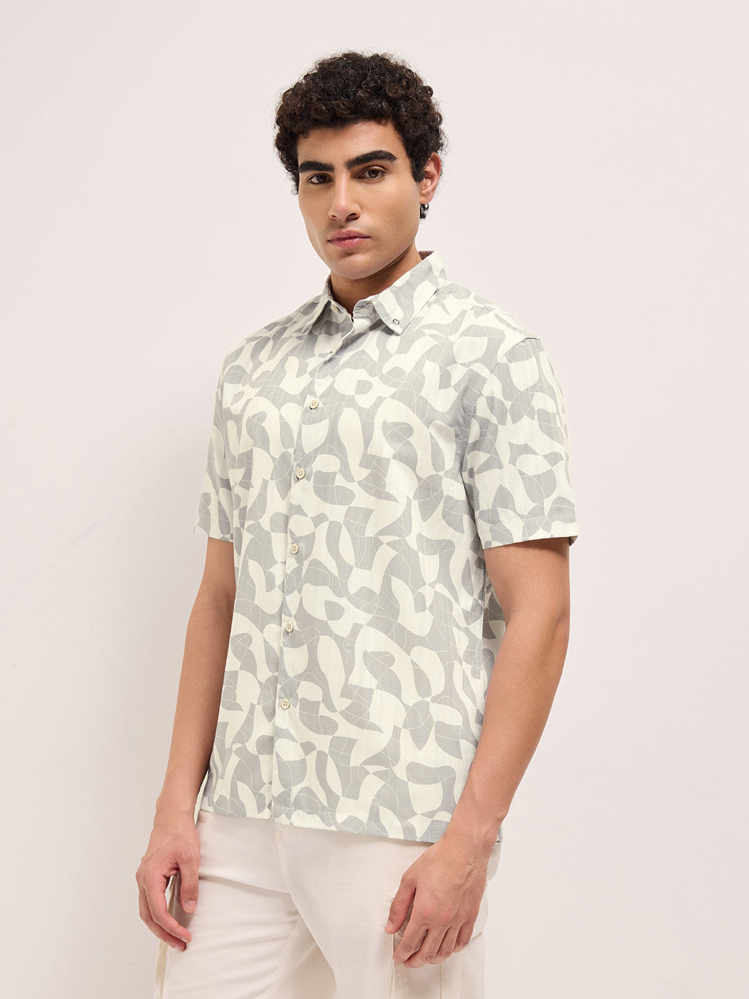 Beige Relax Fit Casual Shirt with Abstract Geometric Print