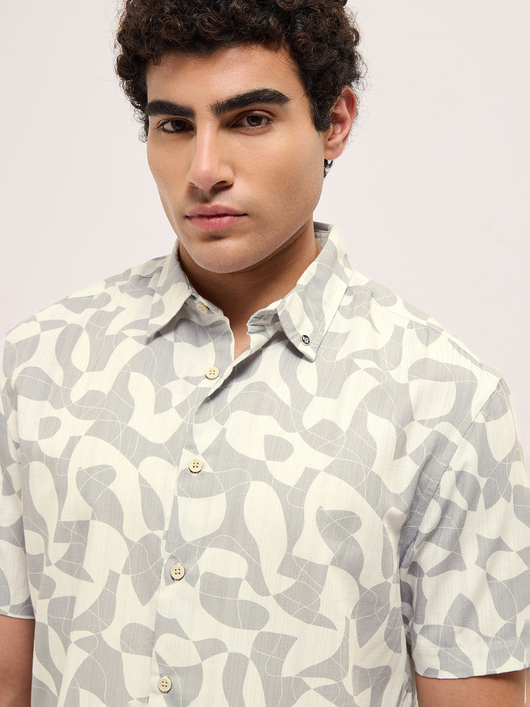 Beige Relax Fit Casual Shirt with Abstract Geometric Print