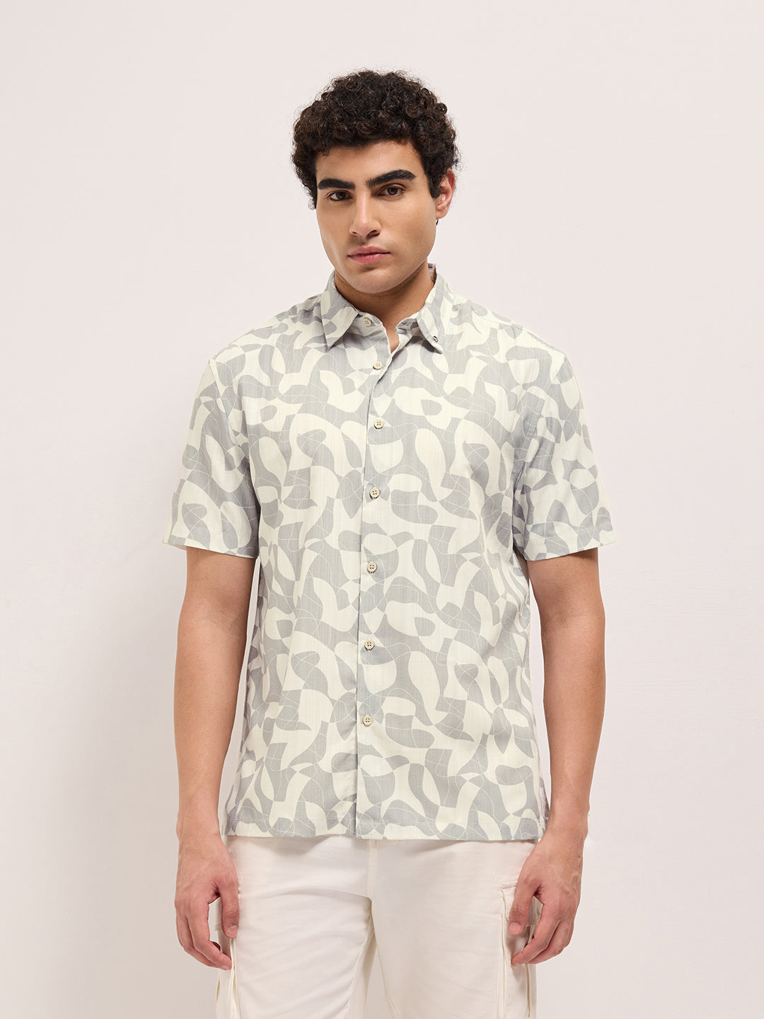 Beige Relax Fit Casual Shirt with Abstract Geometric Print