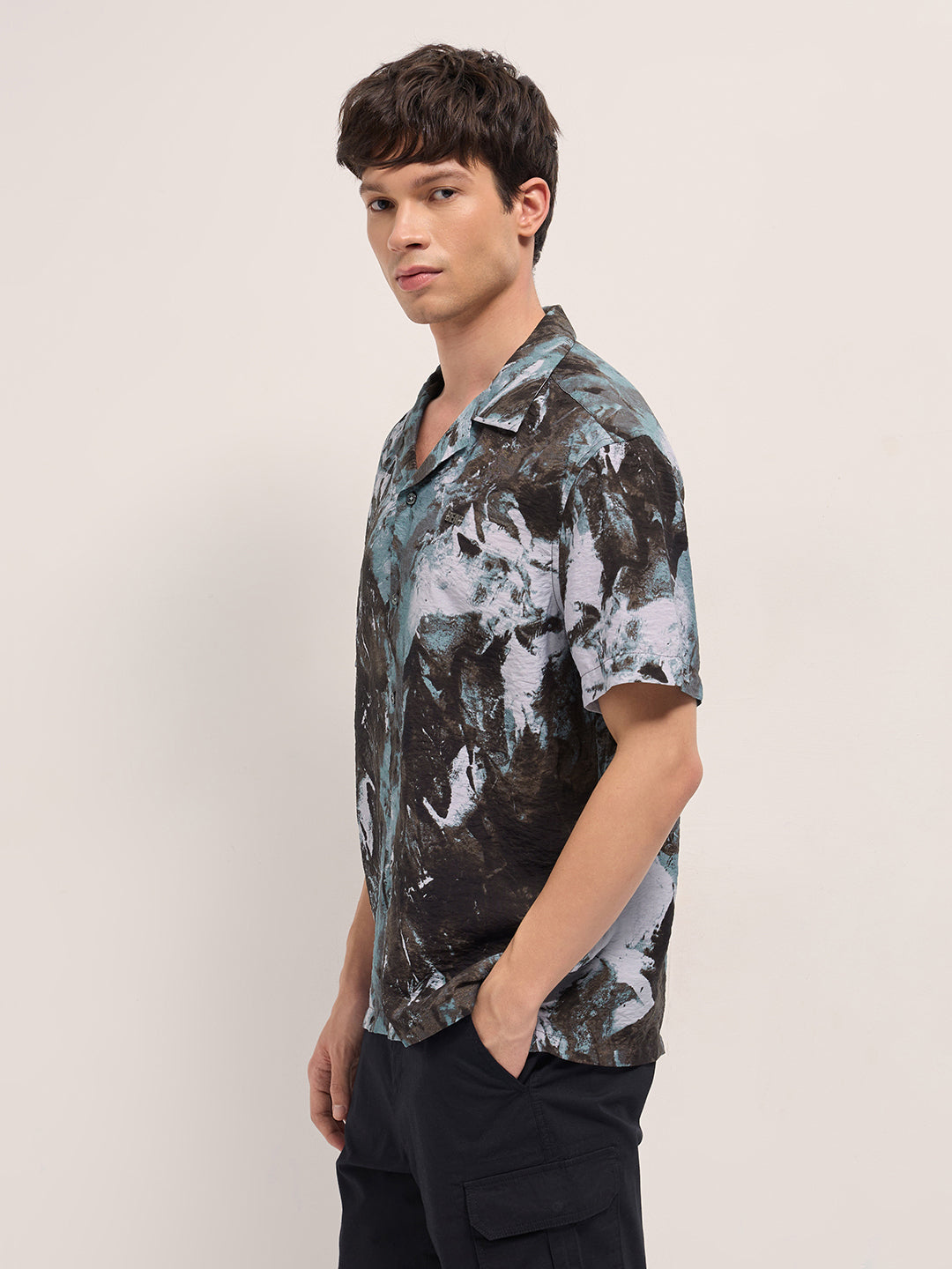 Brown Abstract Digital Print Relaxed Fit Cuban Collar Shirt