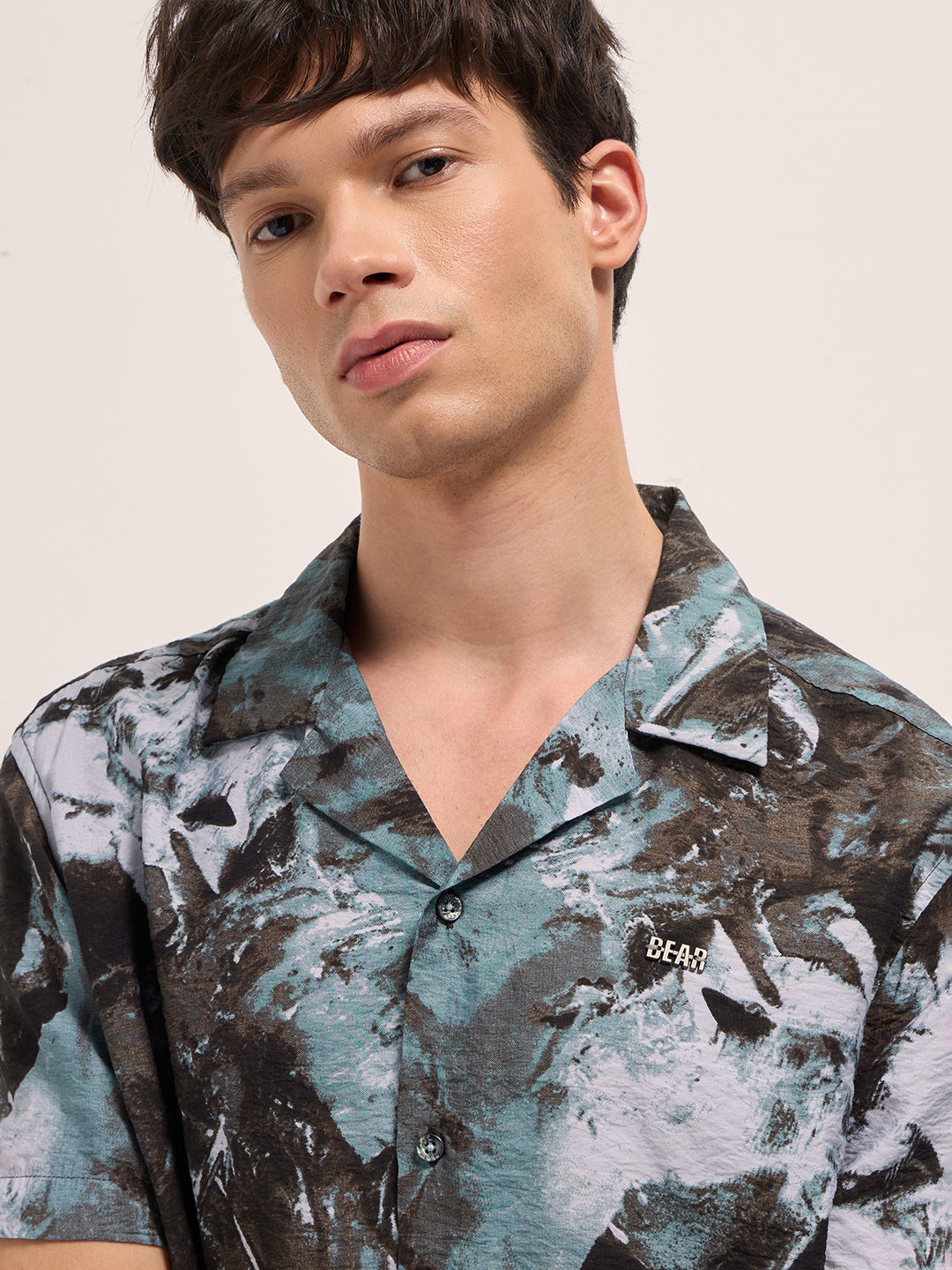 Brown Abstract Digital Print Relaxed Fit Cuban Collar Shirt