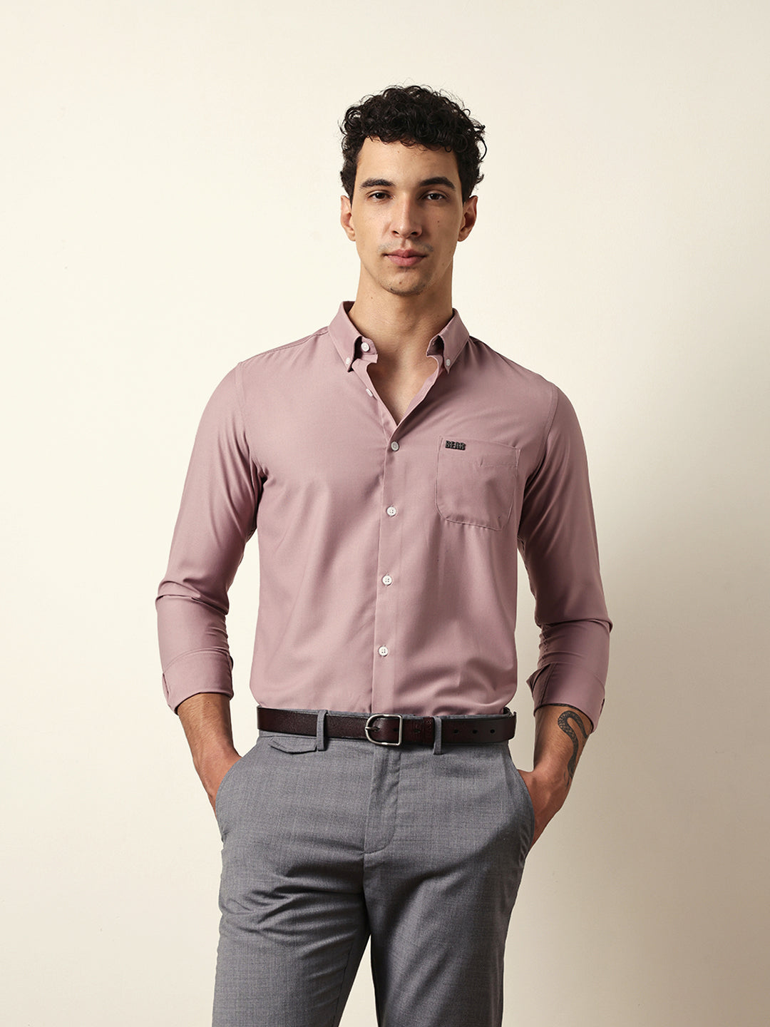 Pink Solid Slim Fit Casual Shirt with a Classic Semi-Formal Look