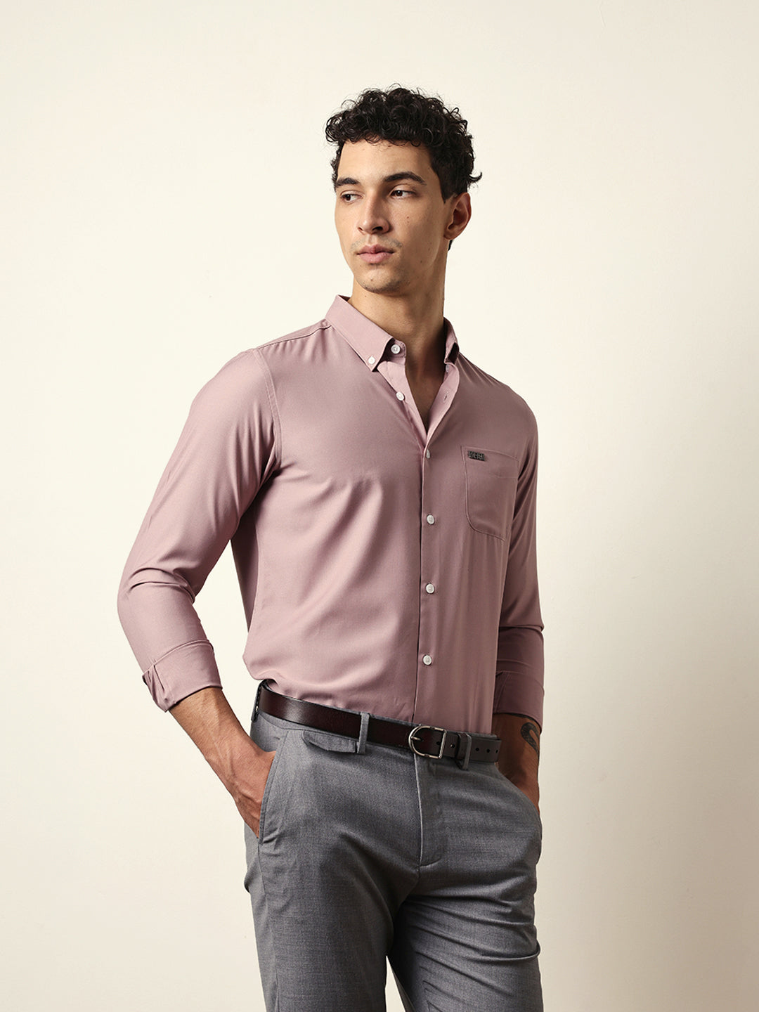Pink Solid Slim Fit Casual Shirt with a Classic Semi-Formal Look
